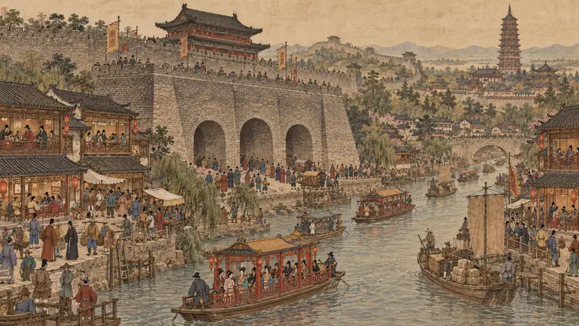 明南京聚宝门与秦淮河场景示意