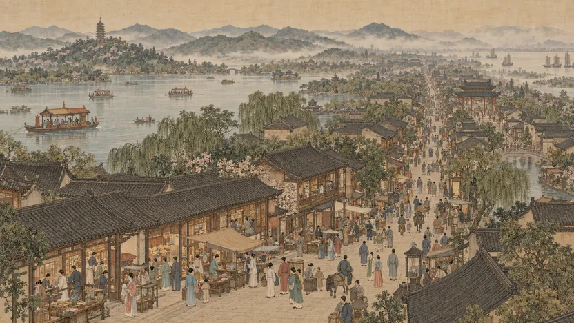 南宋临安御街与西湖场景示意