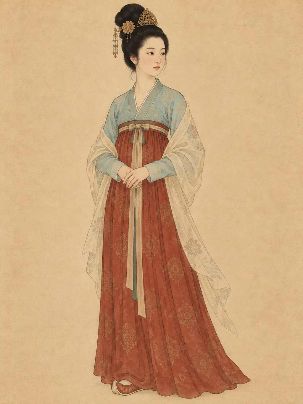 初唐女子襦裙与半臂示意